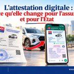 Publicité AGC Assurances Cameroun – transition vers l’attestation digitale automobile. Image montrant une ancienne attestation papier et sa version numérique sur smartphone, illustrant la modernisation des services d’assurance du groupe Kadji. Mention du service client 683708003 et du site www.agc-assurances.com.